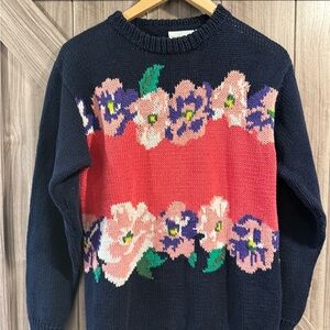 Vintage Nordstrom Floral Knit Sweater - Navy and Pink
